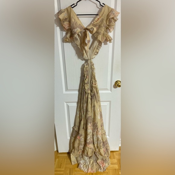 H&M Cut Out V-Neck Frill Flowy Back Tie Floral Draping Maxi Dress Size Small - Picture 11 of 13